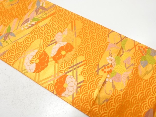 ヱ霞に菊・桐・沢瀉模様織り出し　全通袋帯